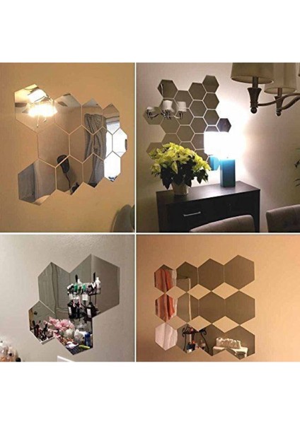 Şık Gümüş Renkli Bal Peteği Pleksi Ayna Seti, 5 Adet, Dekoratif ve Parlak Tasarım