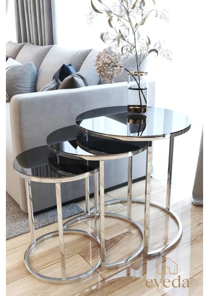 3'lü Yuvarlak C Zigon Sehpa Nikel Metal Ayak Füme Ayna