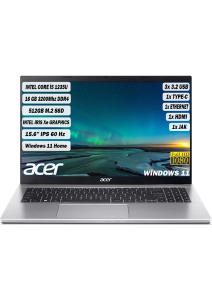 Aspire 3 I5-1235U 16 GB 512 GB SSD 15,6" FHD IPS Windows 11 Gümüş Taşınabilir Bilgisayar NX.K6TEY.002+165