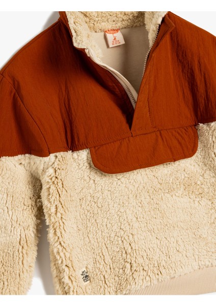 Peluş Mont Dik Yaka Kumaş Detaylı Uzun Kollu