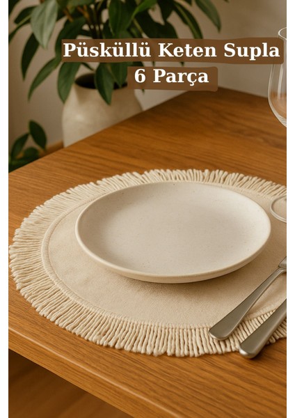 Bej Püsküllü Keten Amerikan Servis 6'lı Set