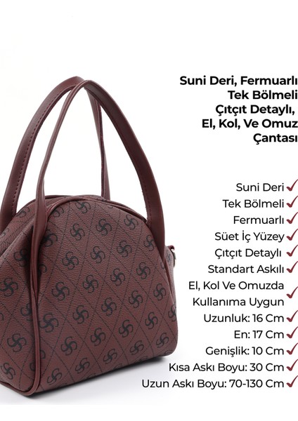 Monogram Baskılı Bordo SHK132 Suni Deri, Fermuarlı Tek Bölmeli, Çıtçıt Detaylı ,askılı El ve Çapraz Omuz Çantası