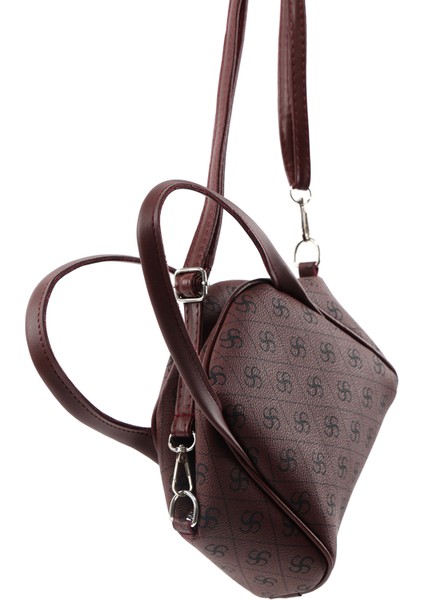 Monogram Baskılı Bordo SHK132 Suni Deri, Fermuarlı Tek Bölmeli, Çıtçıt Detaylı ,askılı El ve Çapraz Omuz Çantası