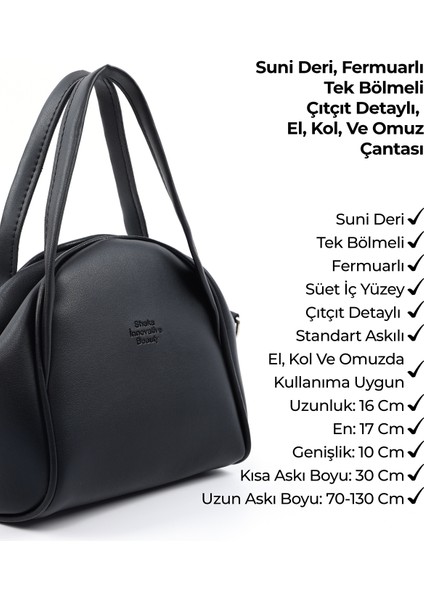 Siyah SHK132 Suni Deri, Fermuarlı Tek Bölmeli, Çıtçıt Detaylı ,el, Kol ve Omuz Çantası