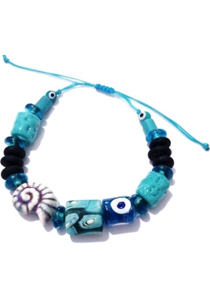 Bodrum Cam Nazar Seramik Salyangoz Ve Turkuaz Rengi Gana Krobo Cam Boncuklu Bileklik