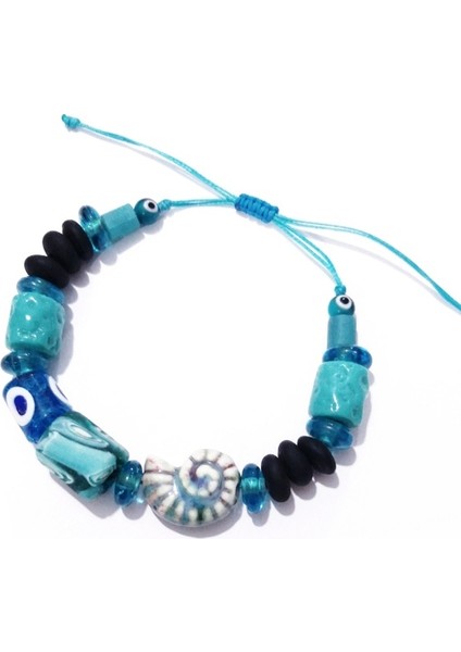 Bodrum Cam Nazar Seramik Salyangoz Ve Turkuaz Rengi Gana Krobo Cam Boncuklu Bileklik fırsatları