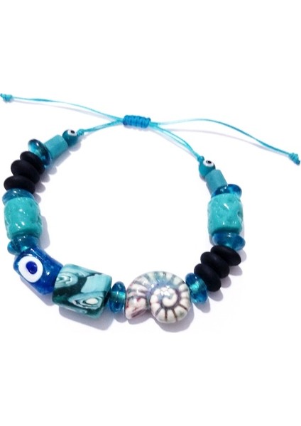 Bodrum Cam Nazar Seramik Salyangoz Ve Turkuaz Rengi Gana Krobo Cam Boncuklu Bileklik indirimleri