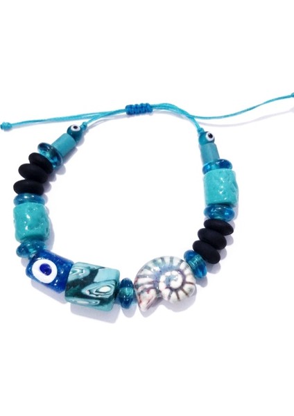 Bodrum Cam Nazar Seramik Salyangoz Ve Turkuaz Rengi Gana Krobo Cam Boncuklu Bileklik