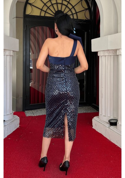 Boncuk Kumaş Fiyonk Detaylı Kalem Elbise - Lacivert indirimleri