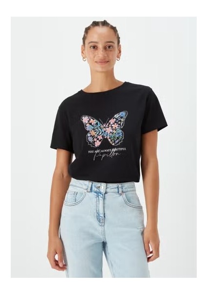 2477 Kelebek Baskılı Siyah Kadın T-Shirt - 90