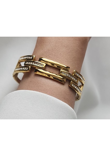 Dorika Kaburga 14K Gold Çelik Bileklik Zirkon Taşlı