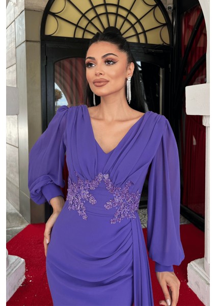 Şifon Kumaş Boncuk Işlemeli Şal Detaylı Abiye Elbise - Mor fırsatları