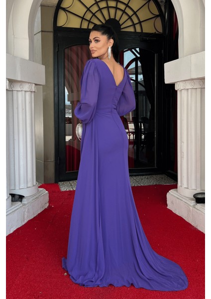 Şifon Kumaş Boncuk Işlemeli Şal Detaylı Abiye Elbise - Mor indirimleri