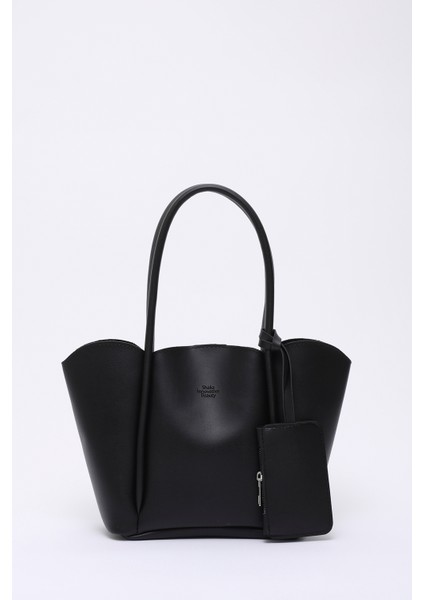 Siyah SHK122 Suni Deri, Çıtçıtlı, Makyaj Çantalı, Cüzdanlı El, Kol ve Omuz Çantası