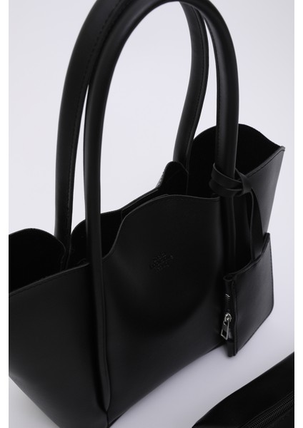 Siyah SHK122 Suni Deri, Çıtçıtlı, Makyaj Çantalı, Cüzdanlı El, Kol ve Omuz Çantası