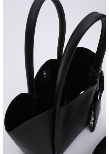 Siyah SHK122 Suni Deri, Çıtçıtlı, Makyaj Çantalı, Cüzdanlı El, Kol ve Omuz Çantası