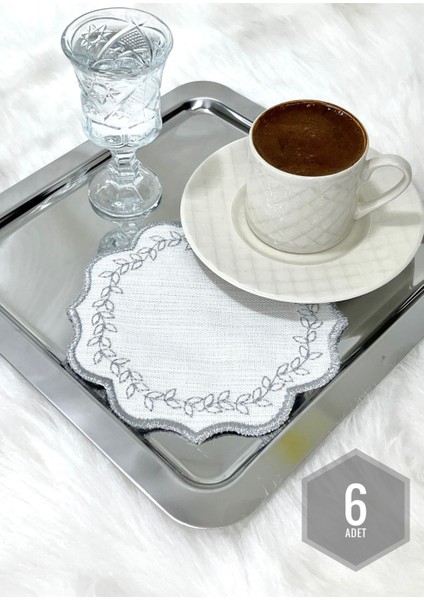 Yaprak Nakışlı Kahve ve Kokteyl Peçetesi Seti, Bardak Altlığı 6'lı