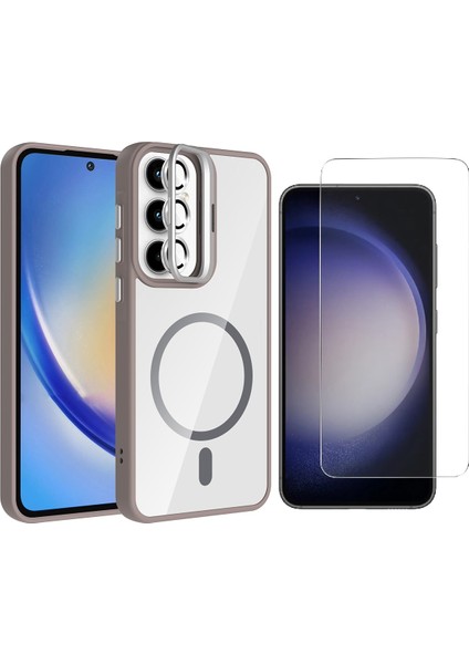 Galaxy A55 Kılıf Standlı ve Kamera Lens Hediyeli M-Safe Şarj Özellikli Zore Etro Kapak + Nano Ekran Koruyucu