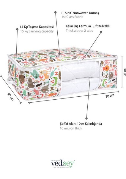 3'lü Set 50X70X25 - 50X45 Baza & Çekyat Altı, Dolap Içi Organizer Çocuk Hurç Sevimli Desenli