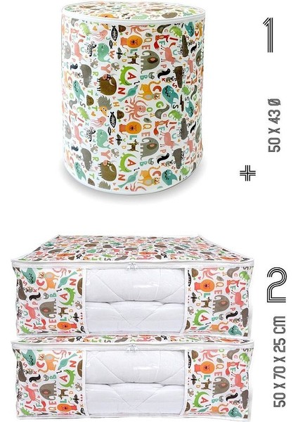 3'lü Set 50X70X25 - 50X45 Baza & Çekyat Altı, Dolap Içi Organizer Çocuk Hurç Sevimli Desenli