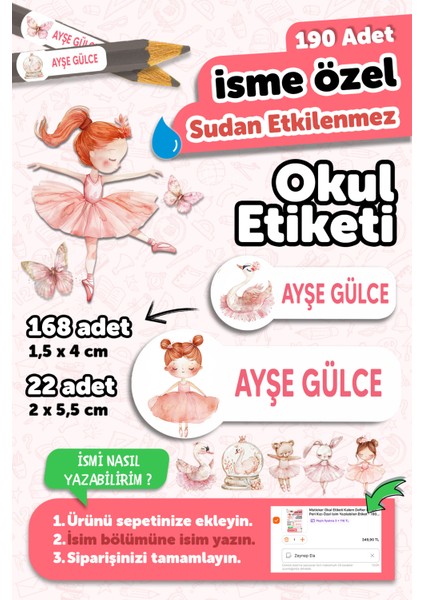 Okul Etiketi Kalem Defter Isimli Etiket Isim Yazılabilen Balerin - 190 Adet Özel Tasarım Okul Etiket