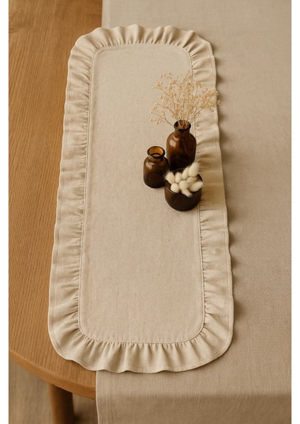 Şık Bej Keten Fırfırlı Runner, Sofra Dekorasyonu Için Zarif Tasarım