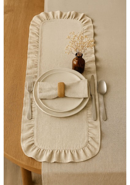 Şık Bej Keten Fırfırlı Runner, Sofra Dekorasyonu Için Zarif Tasarım