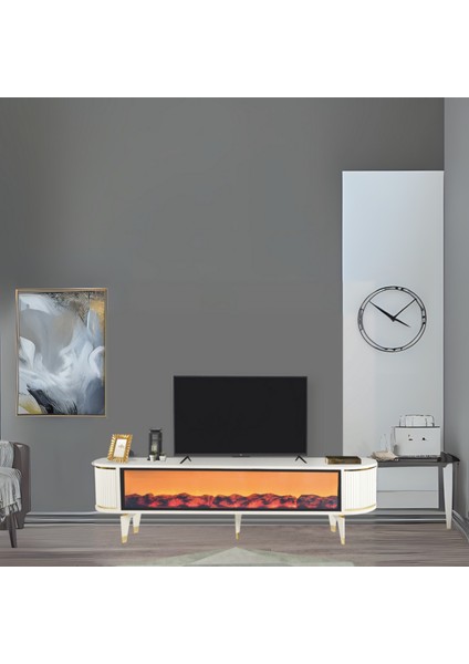 Talia Şömineli Tv Sehpası Beyaz Gold Mebran Kapaklı Bluetooth Hoparlörlü 7 Renk Efektli 180x40x50 Cm