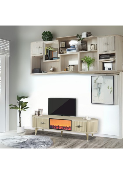 Maya Şömineli Tv Sehpası Cappuccino Gümüş Mebran Kapaklı 2 Kapaklı 180x40x50 Cm