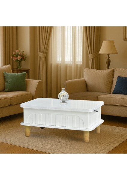 Lidya Akıllı Sehpa Beyaz Renkli Açılır Kapanır 4 Fonksiyonlu Mebran Tasarım 90x60 Cm