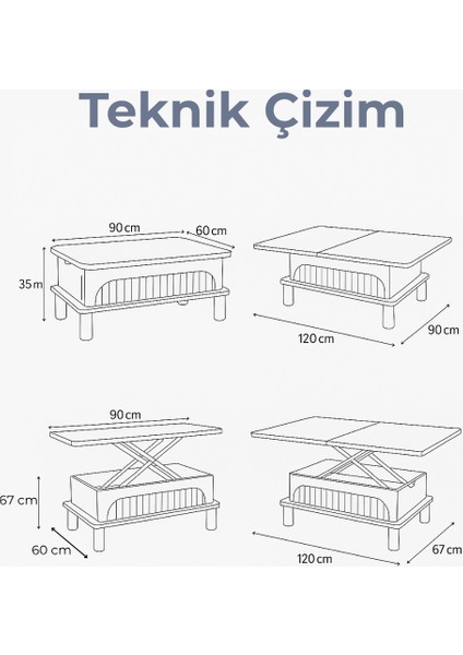 Lidya Akıllı Sehpa Beyaz Renkli Açılır Kapanır 4 Fonksiyonlu Mebran Tasarım 90x60 Cm fırsatları