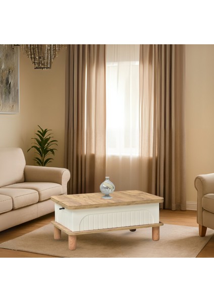 Lidya Akıllı Sehpa Atlantik Çam Krem 4 Fonksiyonlu Açılır Mekanizmalı 90x39x60 Cm