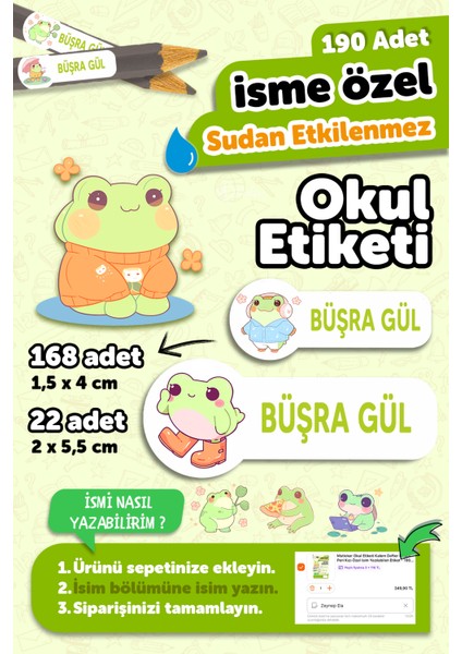 Okul Etiketi Kalem Defter Isimli Etiket Isim Yazılabilen Kurbağa - 190 Adet Özel Tasarım Okul Etiket