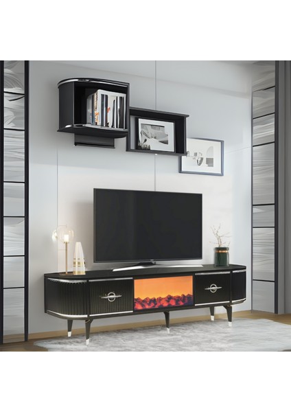 Maya Şömineli Tv Sehpası Siyah Gümüş Şeritli Mebran Kapaklı Oval Tasarım 180x40x50 Cm