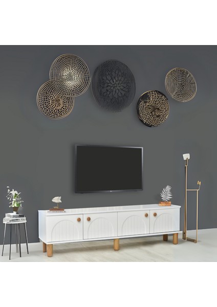 Lidya Beyaz Klasik Tv Sehpası 4 Kapaklı Kavisli Kapak Detaylı Düz Yüzeyli Tasarım 180x36x50 Cm