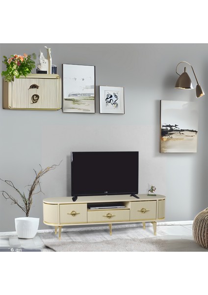 Duru Tv Sehpası Cappuccino Gold 2 Kapaklı 1 Çekmeceli Mebran Kapaklı Oval Tasarım 180x40x50 Cm