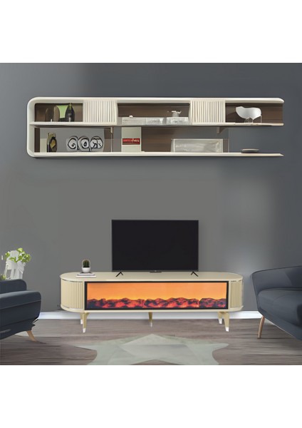 Talia Şömineli Tv Sehpası Cappuccino Gümüş Mebran Bluetooth Hoparlörlü 7 Renk Efektli 160x40x50 Cm