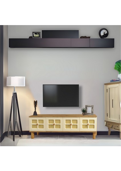 Hasırlı Tv Sehpası Atlantik Çam Krem 3 Kapaklı Hasır Desenli Doğal Görünümlü 160x36x50 Cm