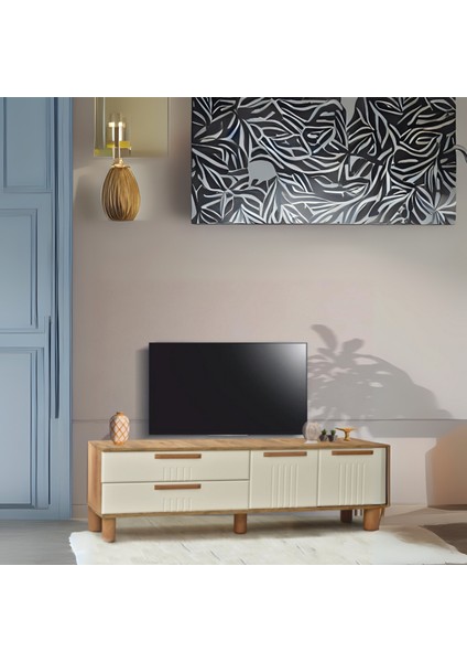 Dia Tv Sehpası 2 Kapaklı Ve 2 Çekmeceli Tasarım Atlantik Çam Krem - 160x35x52 Cm