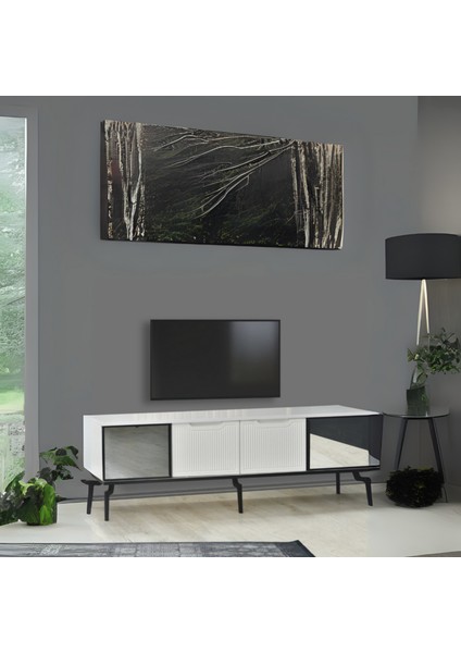 Viva Camlı Tv Sehpası Beyaz Mebran 4 Kapaklı Özel Cam Panelli Modern Tasarım 160x36x53 Cm