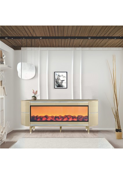 Dekoratif Şömineli Tv Sehpası Uygulamalı 7 Renk Hoparlörlü Cappuccino Gümüş Detaylı 160x67x40 Cm