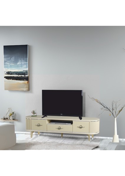 Duru Tv Sehpası Cappuccino Gümüş 2 Kapaklı 1 Çekmeceli Mebran Kapaklı Oval Tasarım 180x40x50 Cm