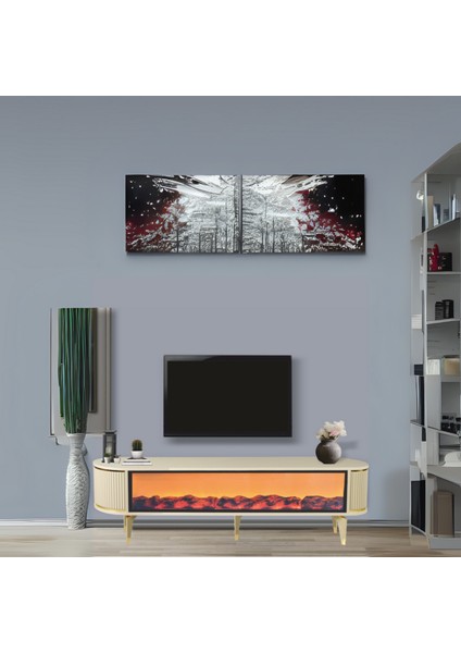 Talia Şömineli Tv Sehpası Cappuccino Gold Oval Bluetooth Hoparlörlü 7 Renk Efektli 160x40x50 Cm