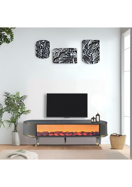 Talia Şömineli Tv Sehpası Antrasit Gold Mebran Bluetooth Hoparlörlü 7 Renk Efektli 160x40x50 Cm