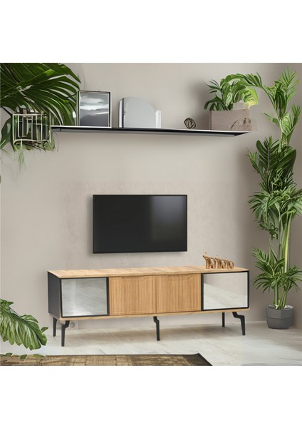 Viva Camlı Tv Sehpası - Atlantik Çam Mebran 4 Kapaklı Özel Cam Panelli Modern Tasarım 160x36x53 Cm