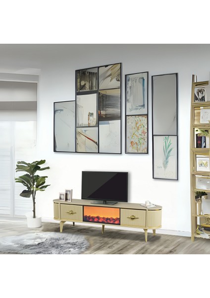 Maya Şömineli Tv Sehpası Cappuccino Gold Mebran Kapaklı 2 Kapaklı Yapay Alev Efektli 180x40x50 Cm