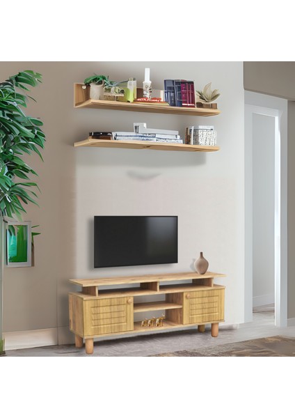 Helena Tv Sehpası Atlantik Çam Renkli Açık Raflı 2 Kapaklı Model 140x36x60 Cm