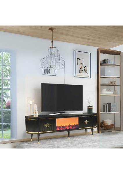 Maya Şömineli Tv Sehpası Siyah Gold 2 Kapaklı 1 Şömineli Oval Tasarım 180x40x50 Cm