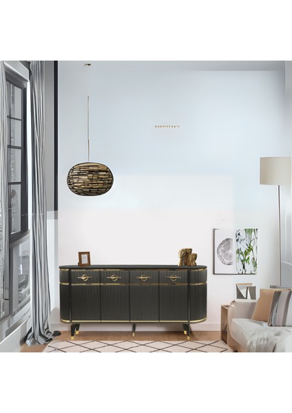 Maya Siyah Gold Lüks Konsol 4 Kapaklı Şerit Detaylı Metal Ayaklı Tasarım 180x45x84 Cm