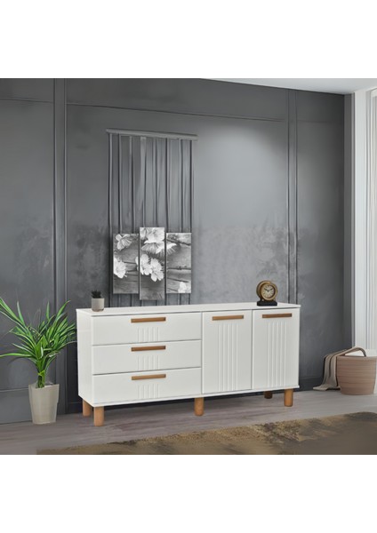 Dia Konsol 2 Kapaklı 3 Çekmeceli Beyaz Krem 160x80x43,5 Cm